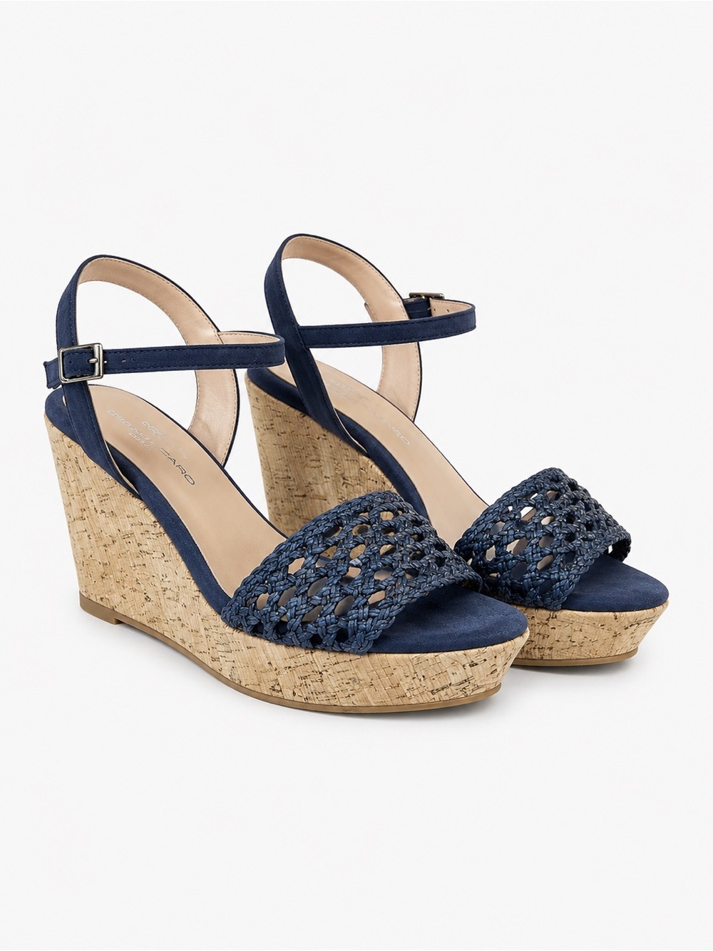 NWT Brenda Zaro Navy Blue Woven Leather ‘Nadia’ Cork Wedge Sandals Size 41